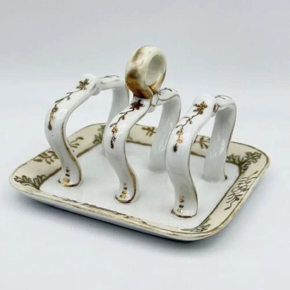 Antique Nippon Hand Painted Toast Rack Holder White Gold Flower Bead Trim 5 in